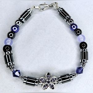 Purple Silver Flower Hematite and Swarovski Crystal Bracelet